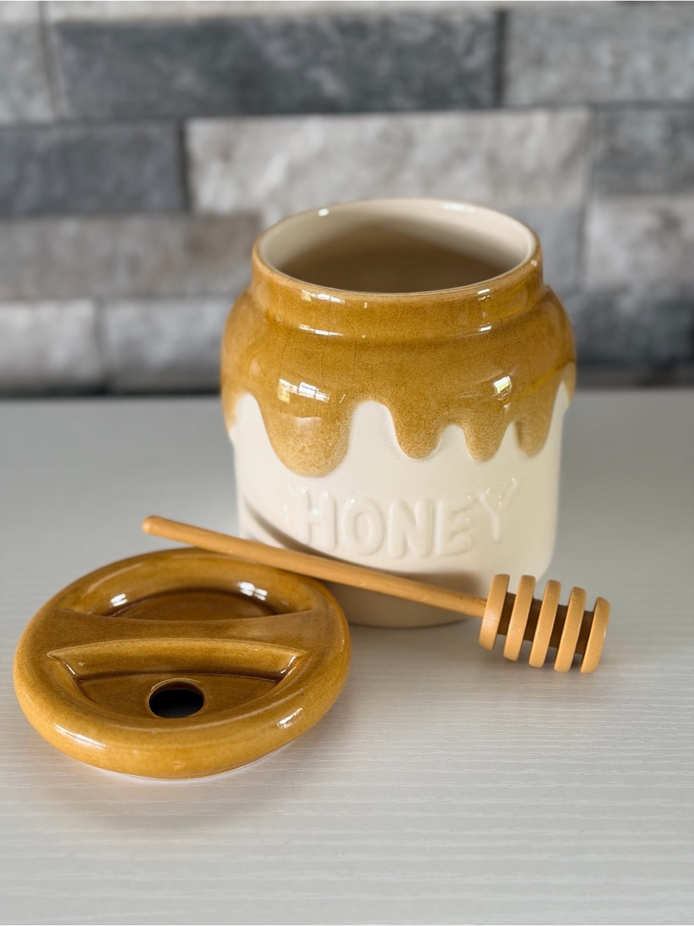 Vtg 1982 Teleflora Ceramic Honey Pot Jar With Lid & Dipper Handmade in Portugal